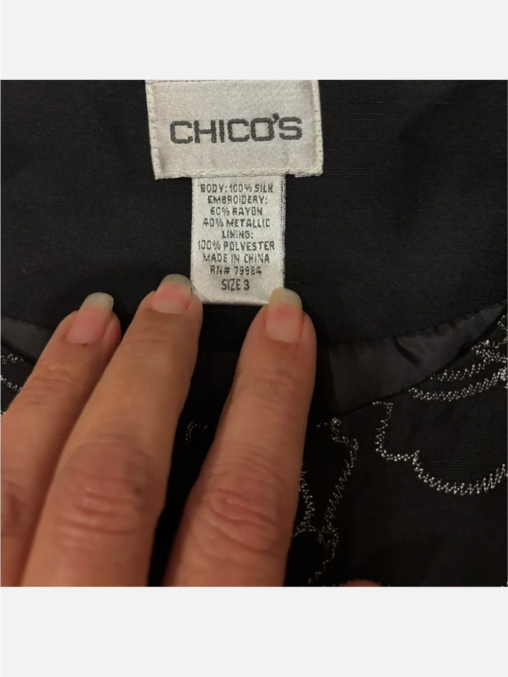 Chico's Silk Embroidered Duster Jacket Black Silver XL/16 Elegant Party Evening